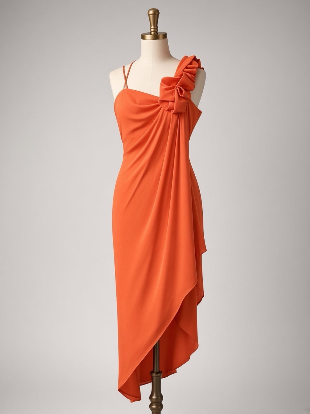 Max & Cleo Vibrant Orange One-Shoulder Draped Dress with Rosette